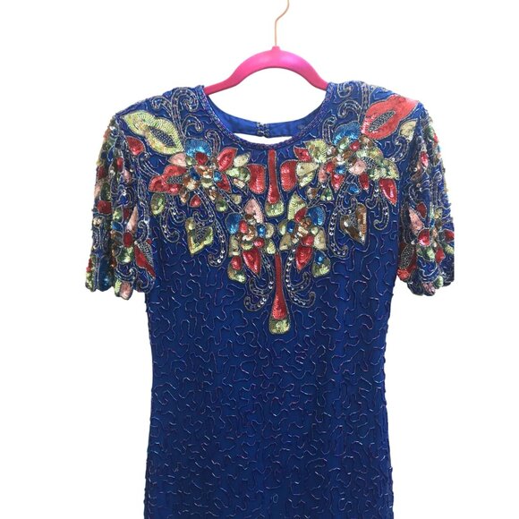 Vintage Swee Lo Royal Blue Sequin Beaded Silk Dress | XS/Small | 80s Cocktail Go - Picture 4 of 10